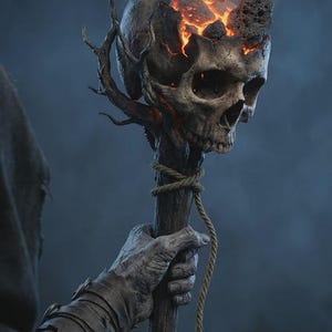 May include: A staff topped with a human skull featuring glowing orange embers and dark volcanic rock fragments embedded in the cranium. The skull is attached to a weathered wooden handle wrapped with a thick, light-colored rope cord.