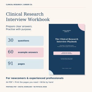 Könnte beinhalten: Ein digitales Arbeitsbuch für klinische Forschungsgespräche mit 30 Fragen, 60 Beispielantworten und 91 Seiten. Das Cover zeigt den Titel The Clinical Research Interview Playbook sowie den Text Prepare with purpose, interview with confidence.