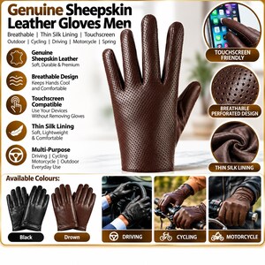 Guantes de piel de oveja auténtica para hombre, transpirables, compatibles con pantallas táctiles (negro/marrón)