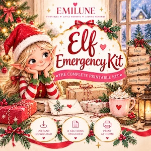 May include: A digital Elf Emergency Kit printable set featuring a blonde elf in a red hat, wrapped gifts, a pink mug with a heart, and text including EMILUNE, Elf Emergency Kit, Instant Download, 8 Sections Included, and Print At Home.