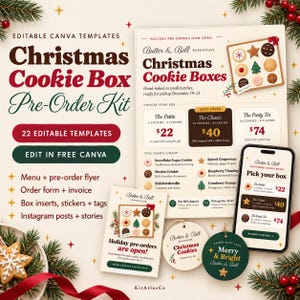 May include: A set of 22 editable Canva templates for a Christmas cookie box pre-order kit. Includes a menu flyer, order form, invoice, box inserts, stickers, tags, and social media posts. Features text for Butter & Bell Bakehouse holiday offerings.