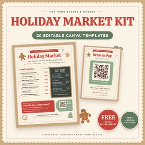 Pode incluir: Um kit de mercado de Natal com 20 modelos editáveis do Canva. O conjunto inclui um folheto de menu com preços de biscoitos e opções de caixas de presente, uma placa Scan to Pay com código QR e gráficos de bonecos de gengibre.