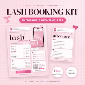 May include: A pink lash booking kit featuring 20 editable Canva templates for lash artists. The design includes a lash menu, aftercare card, and smartphone graphic with text such as LASH BOOKING KIT, lash menu, and lash aftercare on a grid background.