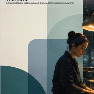 Könnte beinhalten: Ein digitaler Ratgeber mit dem Titel Stable Energy For Shift Workers: A Practical Guide to Staying Alert, Focused & Energized on Any Shift. Das Cover zeigt eine Person in dunkler Kleidung an einem Schreibtisch mit einem Kaffeebecher vor einem Hintergrund aus abstrakten blauen und cremefarbenen geometrischen Formen.