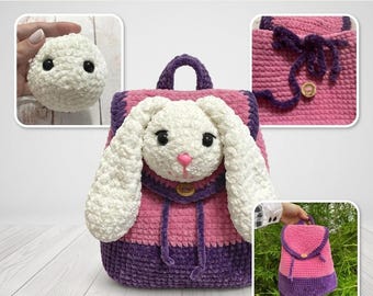May include: A crochet bunny backpack pattern featuring text that reads ADORABLE CROCHET BUNNY BACKPACK PATTERN A SWEET DIY KID'S BAG PROJECT. The image displays a pink and purple backpack with a white bunny face, a round white ball, and a button closure.