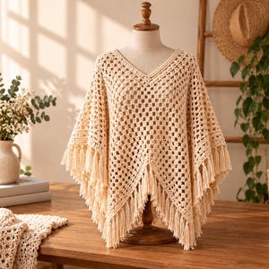 Puede incluir: Un poncho de ganchillo beige con escote en pico y un patrón clásico de cuadrados de la abuela. La prenda está rematada con largos flecos colgantes a lo largo del dobladillo inferior, creando una silueta en punta sobre los hombros.