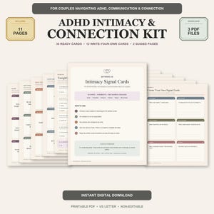 ADHD-parkommunikationskort, utskrivbar intimitets- och kontaktkortlek, neurodivergenta relationer PDF