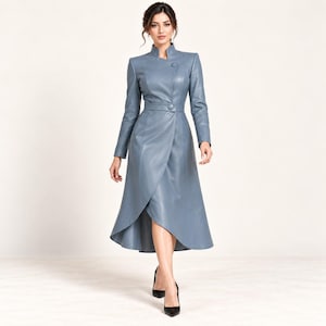 Women's Leather Wrap Coat Dress | Dusty Blue Genuine Lambskin Midi Coat | Stand Collar Asymmetric Hem | Custom Size Gift for Her