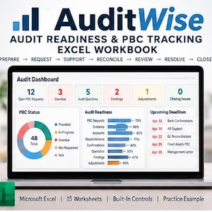 May include: A laptop screen displaying the AuditWise Audit Readiness & PBC Tracking Excel Workbook dashboard. The interface features an Audit Dashboard with metrics, a PBC Status donut chart, Audit Readiness bar graphs, and Upcoming Deadlines.