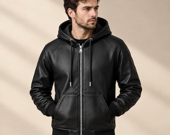 Men’s Black Genuine Cowhide Leather Hoodie Jacket, Zip-Up Hooded Leather Coat