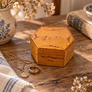 May include: A hexagonal light brown wooden box with decorative etched patterns and the year 1941 inscribed on the side. Beside the box lies a gold-toned necklace featuring a circular pendant with a floral design and a matching gold-toned band ring.