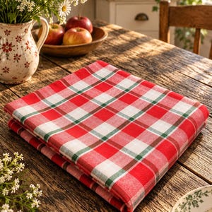 May include: A folded square textile featuring a red, white, and green plaid pattern. The fabric has a woven texture and is arranged in a neat stack, displaying a consistent grid design with intersecting lines of varying colors across the surface.