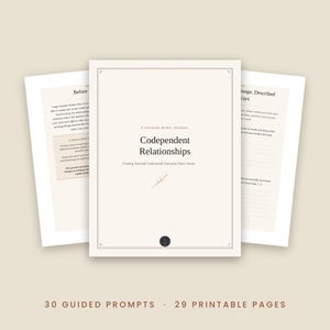May include: A printable shadow work journal titled Codependent Relationships: Finding Yourself Underneath Everyone Else's Needs. The document features a cream-colored cover with black text, a small branch illustration, and 30 guided prompts.