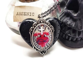 Handmade Gothic Sacred Heart Necklace: Black Heart, Silver Setting