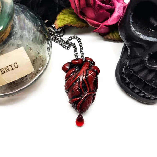 Anatomical Heart Necklace, red heart necklace, gothic Christmas, Valentines gift, medical jewellery, cardiac