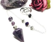 Amethyst crystal divining pendulum, altar decoration, wiccan witch, pentagram decor