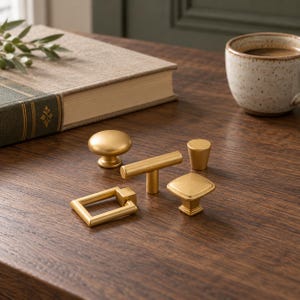 May include: A collection of five gold-toned metal cabinet hardware pieces including a round knob, a T-bar handle, a small conical knob, a square knob with beveled edges, and a rectangular drop pull, all featuring a smooth, matte finish.