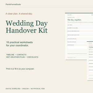 Może przedstawiać: Cyfrowy zestaw Wedding Day Handover Kit zawierający 16 praktycznych arkuszy dla koordynatorów. Dokument zawiera sekcje zatytułowane The day, together oraz A plan for the weather z polami do wypełnienia dla harmonogramów i kontaktów.