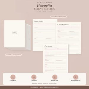 May include: A set of printable hairstylist client record pages featuring a cover sheet labelled Client Records, and individual forms for Client Notes, Colour Formula, and Cut Notes. The documents are organised with 13 dividers from A through Z.