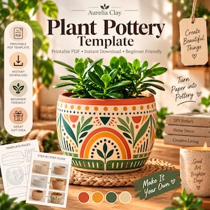 May include: A digital template for plant pottery by Aurelia Clay featuring a round planter with a colourful rainbow and leaf pattern. The image includes text labels, a step-by-step guide, and a printable PDF icon for crafting projects.
