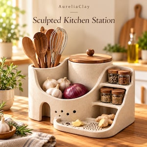 Könnte beinhalten: Eine beigefarbene, gesprenkelte Keramik-Küchenstation mit dem Text AureliaClay Sculpted Kitchen Station. Sie umfasst einen Utensilienhalter, einen Vorratsbehälter mit Deckel, ein Gewürzregal mit vier Gläsern und ein Fach für Knoblauch und Ingwer.