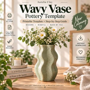 Może przedstawiać: Jasnozielony, nakrapiany, falisty wazon z bukietem białych stokrotek i zielonych liści. Obraz zawiera tekst, w tym Aurelia Clay, Wavy Vase Pottery Template, Print at Home, Full-Size Template, Guide Included, Instant Download oraz Beginner Friendly.