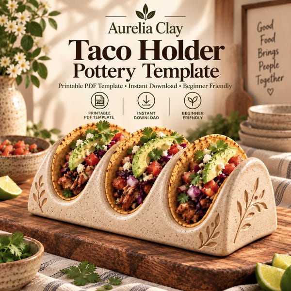 Może przedstawiać: Beżowy, nakrapiany ceramiczny stojak na tacos z trzema zakrzywionymi otworami, z których każdy zawiera taco wypełnione mięsem, awokado i warzywami. Tekst głosi Aurelia Clay Taco Holder Pottery Template, Printable PDF Template, Instant Download.