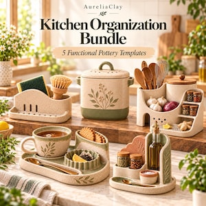 May include: A kitchen organization bundle featuring five speckled ceramic pottery templates with botanical motifs. The set includes a sponge holder, a lidded canister, a utensil organizer, and two multi-compartment trays for tea, spices, and oil.