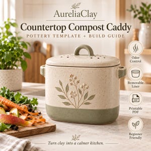 May include: A ceramic countertop compost caddy with a lid featuring ventilation holes, a sage green base, and a cream-colored body with an embossed floral sprig design. The text reads AureliaClay Countertop Compost Caddy Pottery Template + Build Guide.
