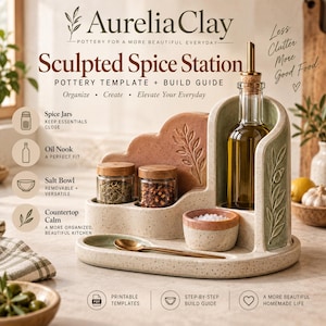 May include: A ceramic spice station with a speckled beige finish, featuring two glass spice jars with wooden lids, a tall glass oil bottle with a cork stopper, a small salt bowl, and a gold spoon. The station has embossed leaf designs.