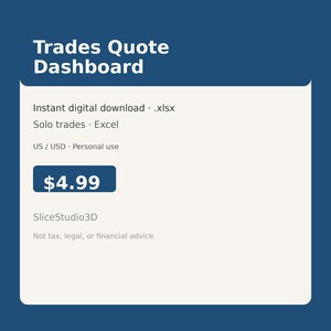 May include: A digital Trades Quote Dashboard template in an Excel .xlsx format. The interface features white text on a dark blue background, displaying the title, file type, solo trades, US currency, and the text SliceStudio3D and Not tax, legal, or financial advice.