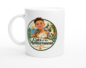 Cat Lover Mug, White 11oz Ceramic Coffee Cup, Cats of the Mediterranean