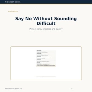 May include: A digital document titled The Career Ledger with the heading Boundaries and the text Say No Without Sounding Difficult. Below this, the subtitle reads Protect time, priorities and quality, followed by a list of professional responses.