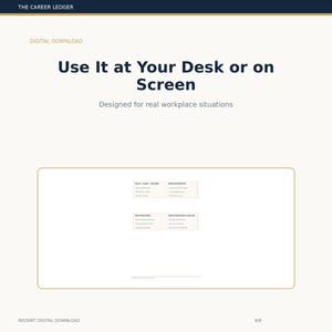 May include: A digital download document titled The Career Ledger with the text Use It at Your Desk or on Screen and Designed for real workplace situations. It features four rectangular boxes containing text prompts for professional scenarios.