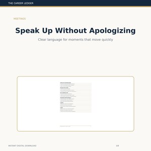 May include: A digital document titled The Career Ledger featuring the heading Meetings and Speak Up Without Apologizing. The page includes a list of phrases for professional communication, such as Enter the Conversation and Reclaim the Floor.