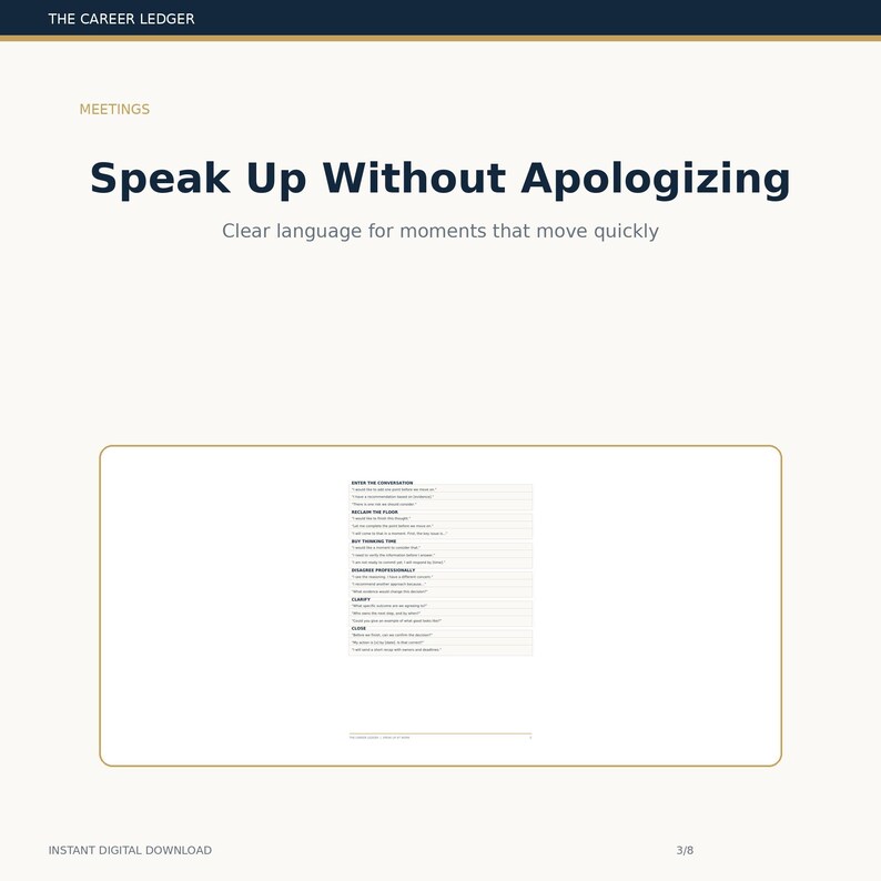 May include: A digital document titled The Career Ledger featuring the heading Meetings and Speak Up Without Apologizing. The page includes a list of phrases for professional communication, such as Enter the Conversation and Reclaim the Floor.