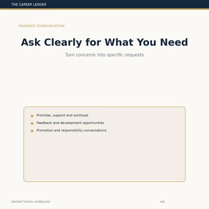 May include: A digital document titled The Career Ledger featuring the heading Manager Communication and Ask Clearly for What You Need. It includes the subtitle Turn concerns into specific requests and a list of bullet points regarding priorities, feedback, and promotion.