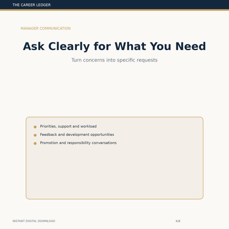May include: A digital document titled The Career Ledger featuring the heading Manager Communication and Ask Clearly for What You Need. It includes the subtitle Turn concerns into specific requests and a list of bullet points regarding priorities, feedback, and promotion.