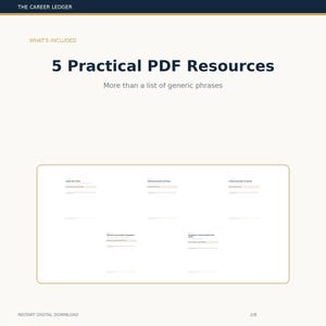 May include: A digital document titled The Career Ledger featuring 5 Practical PDF Resources. The text reads: What's Included, 5 Practical PDF Resources, More than a list of generic phrases, and Instant Digital Download. Five small document previews are shown.
