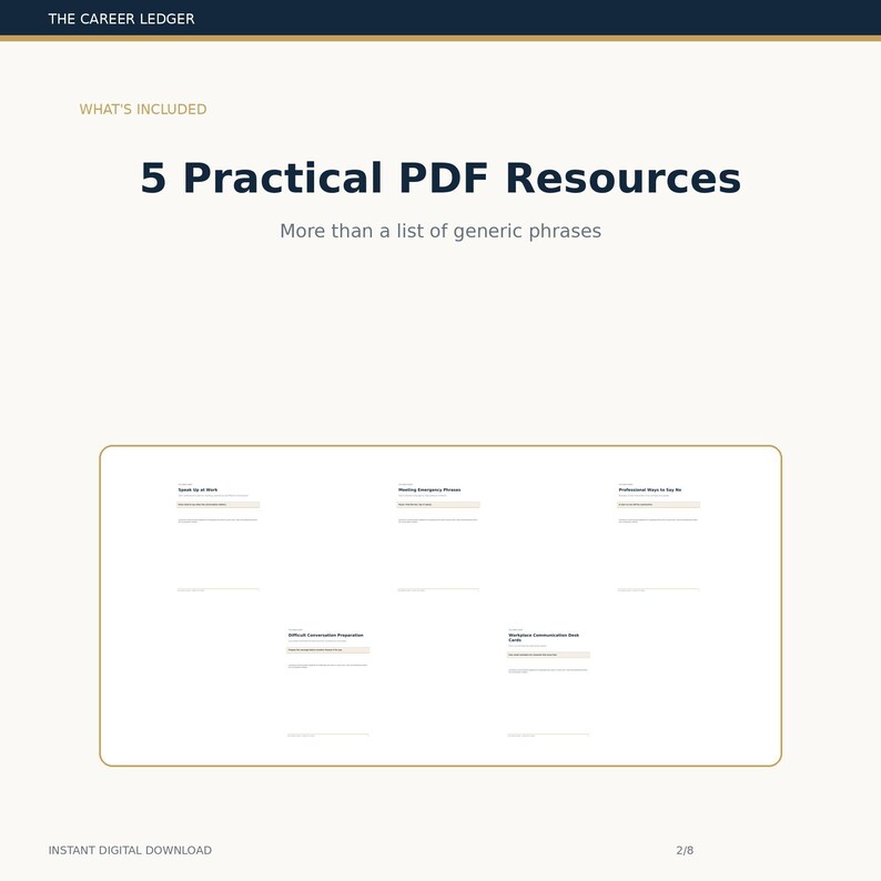 May include: A digital document titled The Career Ledger featuring 5 Practical PDF Resources. The text reads: What's Included, 5 Practical PDF Resources, More than a list of generic phrases, and Instant Digital Download. Five small document previews are shown.