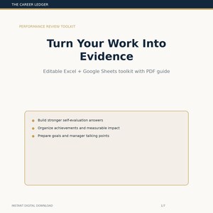 May include: A digital document titled The Career Ledger Performance Review Toolkit with the text Turn Your Work Into Evidence. It includes an editable Excel and Google Sheets toolkit with a PDF guide, listing bullet points for self-evaluation.