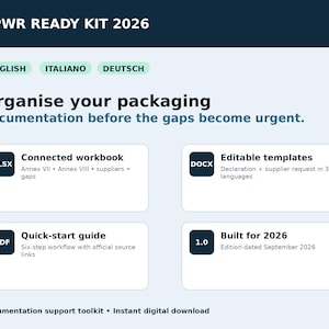 May include: A digital PPWR Ready Kit 2026 information graphic featuring a dark blue header and light blue background. It lists four components: an XLSX connected workbook, DOCX editable templates, a PDF quick-start guide, and a 1.0 version built for 2026.