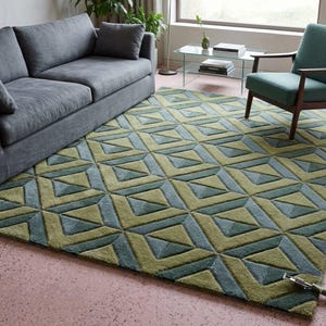 Modern Geometric Area Rug, Olive Green and Blue Gray Chevron Carpet, Abstract Zigzag Pattern Rug, Contemporary Living Room Decor