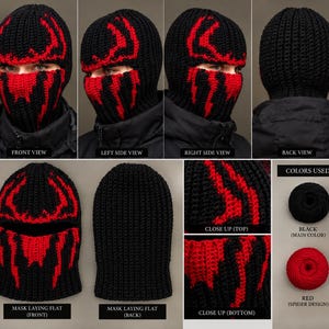 May include: A black and red crocheted balaclava featuring a spider-inspired graphic design. The mask includes a single eye opening and covers the head and neck. The yarn used is black for the main body and red for the spider pattern.