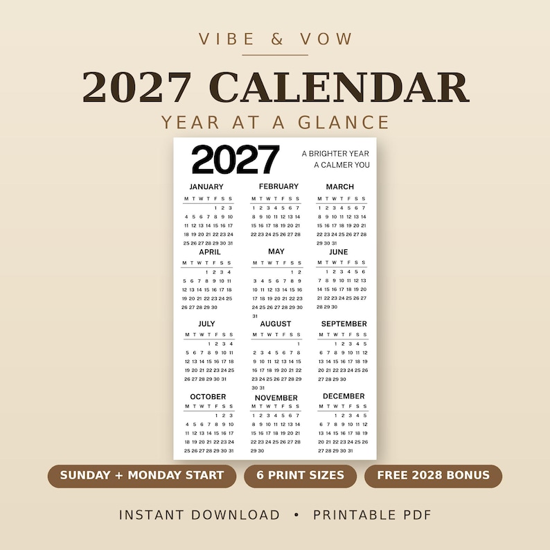 2027 Calendar Printable | One Page Full Year at a Glance | Minimalist ...