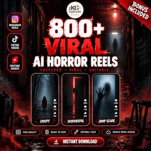 Puede incluir: Un gráfico promocional digital para 800+ Viral AI Horror Reels con texto rojo sobre un fondo oscuro. Incluye iconos para Instagram, TikTok y YouTube, tres ventanas de vista previa con escenas de terror y un botón de descarga instantánea.