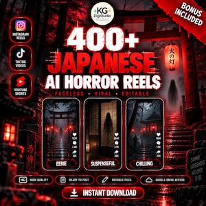 Puede incluir: Un anuncio de producto digital para 400+ Reels de terror japonés con IA, con gráficos en rojo y negro, tres maquetas de teléfonos inteligentes con escenas inquietantes, iconos de redes sociales y texto como "BONUS INCLUDED" e "INSTANT DOWNLOAD."