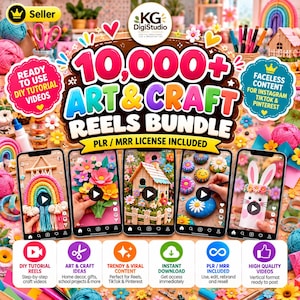 Puede incluir: Un anuncio de paquete digital titulado 10,000+ ART & CRAFT REELS BUNDLE con cinco pantallas de teléfono que muestran tutoriales de manualidades, incluyendo un arcoíris de macramé, flores de papel y un pajarera.