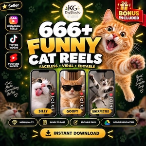 Może przedstawiać: Cyfrowa grafika marketingowa przedstawiająca rudego kota i trzy ekrany smartfonów z filmami o kotach. Tekst zawiera 666+ FUNNY CAT REELS, SILLY, GOOFY, UNEXPECTED oraz BONUS INCLUDED. Ciemnozielone tło z ikonami odcisków łap.