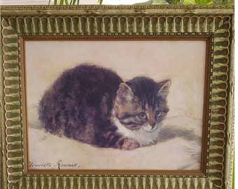 Vintage, Framed HENRIETTE RONNER (1821-1909) PARSON'S Kitten, Oil Canvas Print